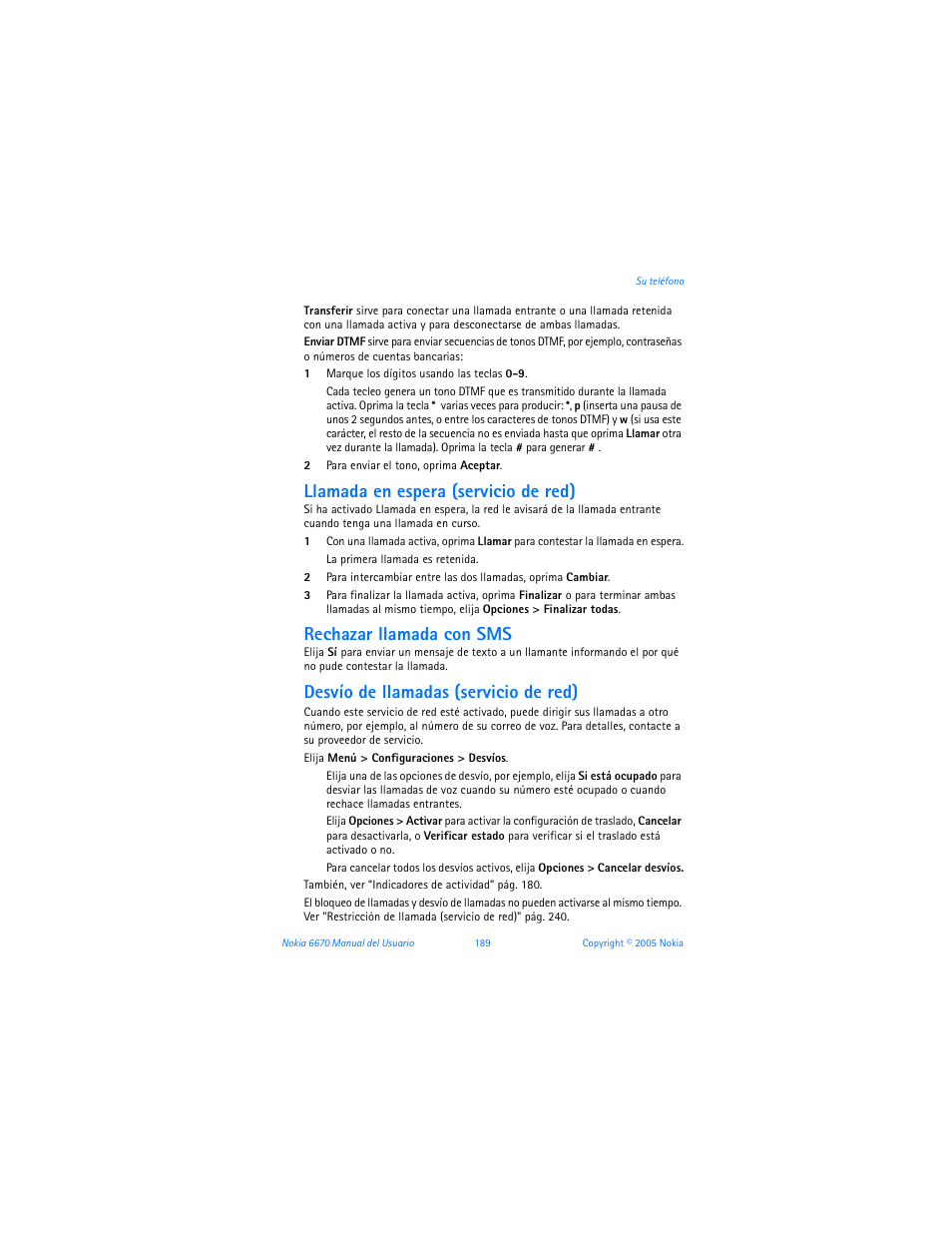Llamada en espera (servicio de red), Rechazar llamada con sms, Desvío de llamadas (servicio de red) | Nokia 6670 User Manual | Page 190 / 321