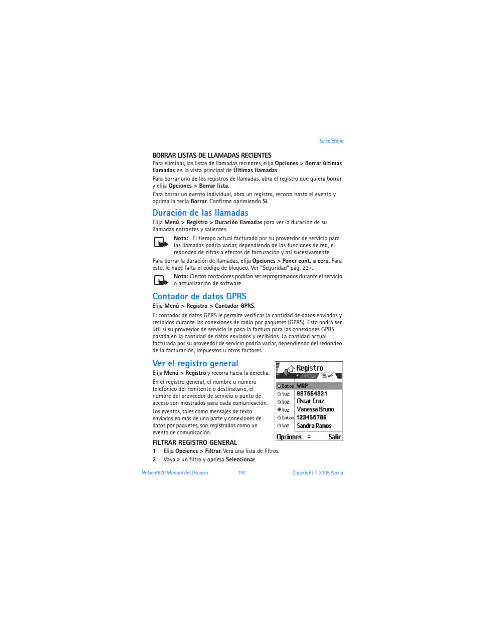 Duración de las llamadas, Contador de datos gprs, Ver el registro general | Nokia 6670 User Manual | Page 192 / 321
