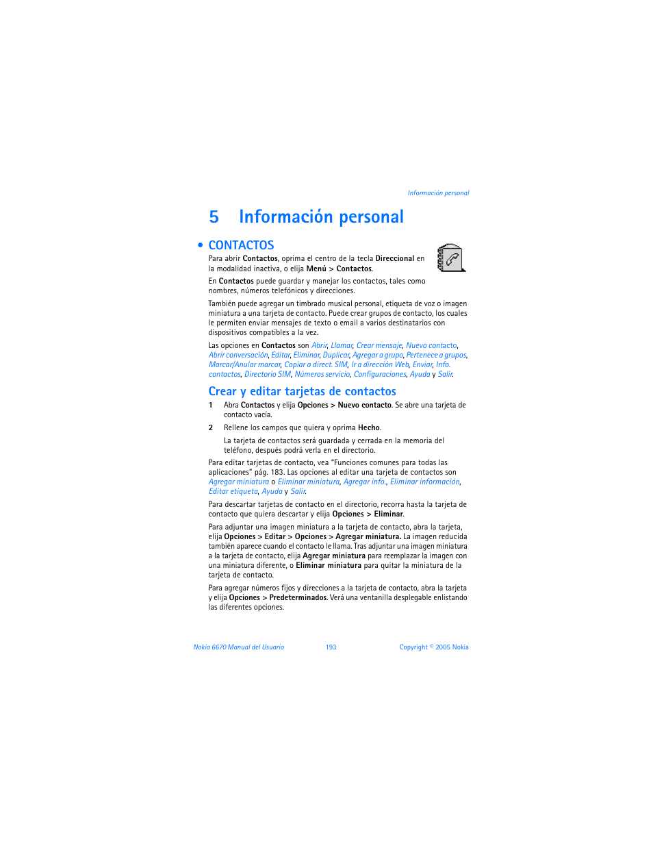 5 información personal, Contactos, Información personal | 5información personal, Crear y editar tarjetas de contactos | Nokia 6670 User Manual | Page 194 / 321