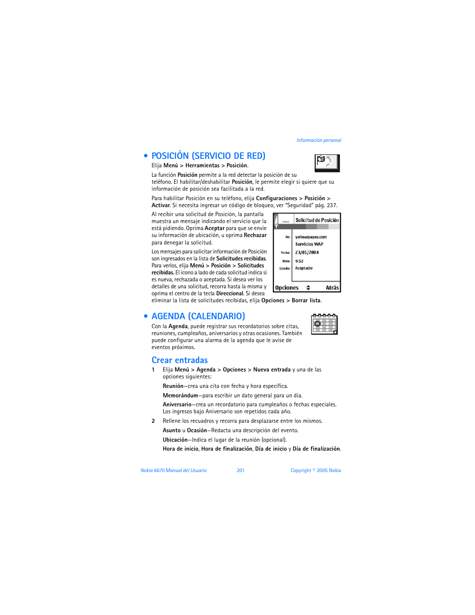 Posición (servicio de red), Agenda (calendario), Er "agenda (calendario)" pág. 201 | Crear entradas | Nokia 6670 User Manual | Page 202 / 321