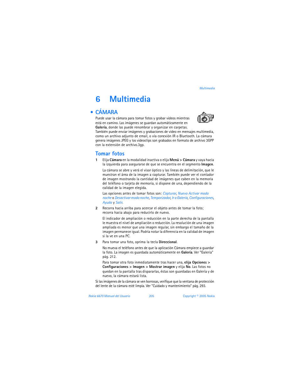 6 multimedia, Cámara, Multimedia | 6multimedia, Tomar fotos | Nokia 6670 User Manual | Page 206 / 321