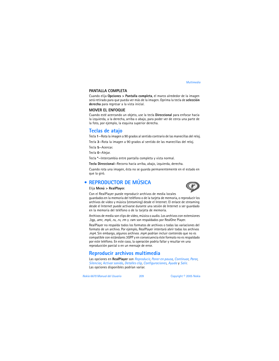 Reproductor de música, Teclas de atajo, Reproducir archivos multimedia | Nokia 6670 User Manual | Page 210 / 321