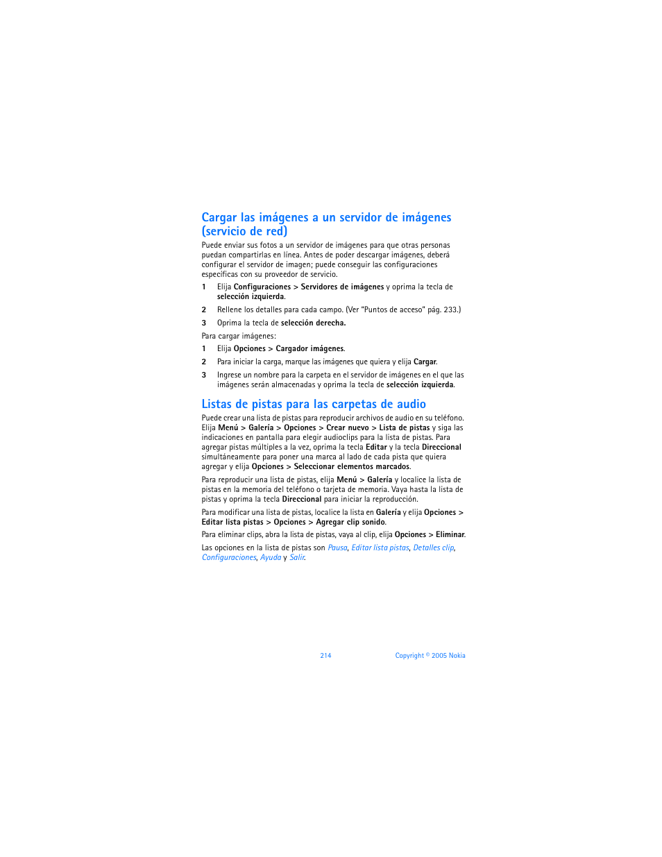 Listas de pistas para las carpetas de audio | Nokia 6670 User Manual | Page 215 / 321