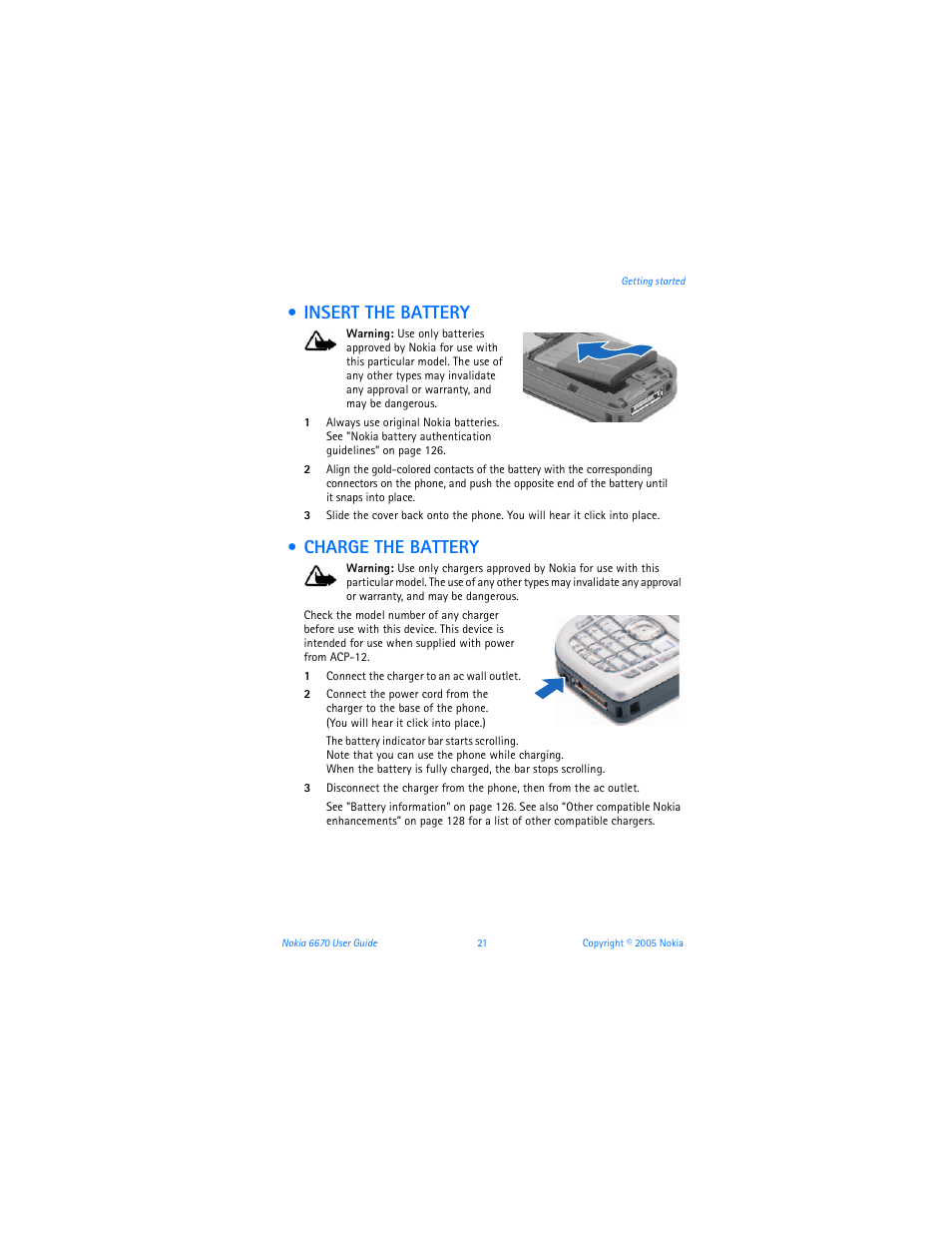 Insert the battery, Charge the battery | Nokia 6670 User Manual | Page 22 / 321