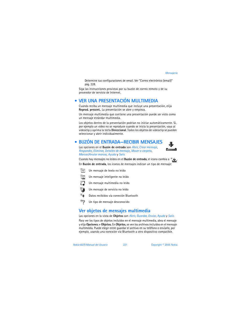 Ver una presentación multimedia, Buzón de entrada-recibir mensajes, Buzón de entrada—recibir mensajes | Ver objetos de mensajes multimedia | Nokia 6670 User Manual | Page 222 / 321