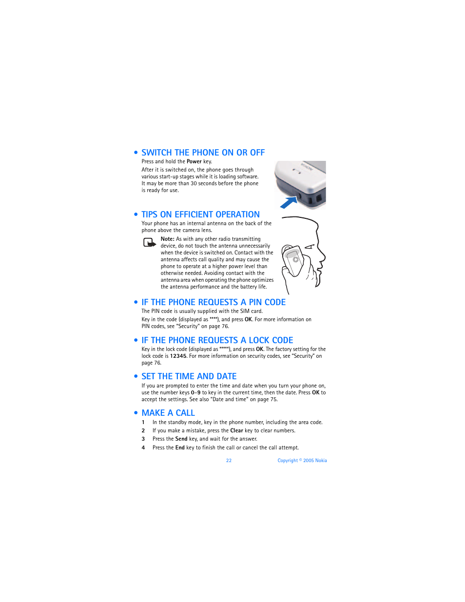 Switch the phone on or off, Tips on efficient operation, If the phone requests a pin code | If the phone requests a lock code, Set the time and date, Make a call | Nokia 6670 User Manual | Page 23 / 321