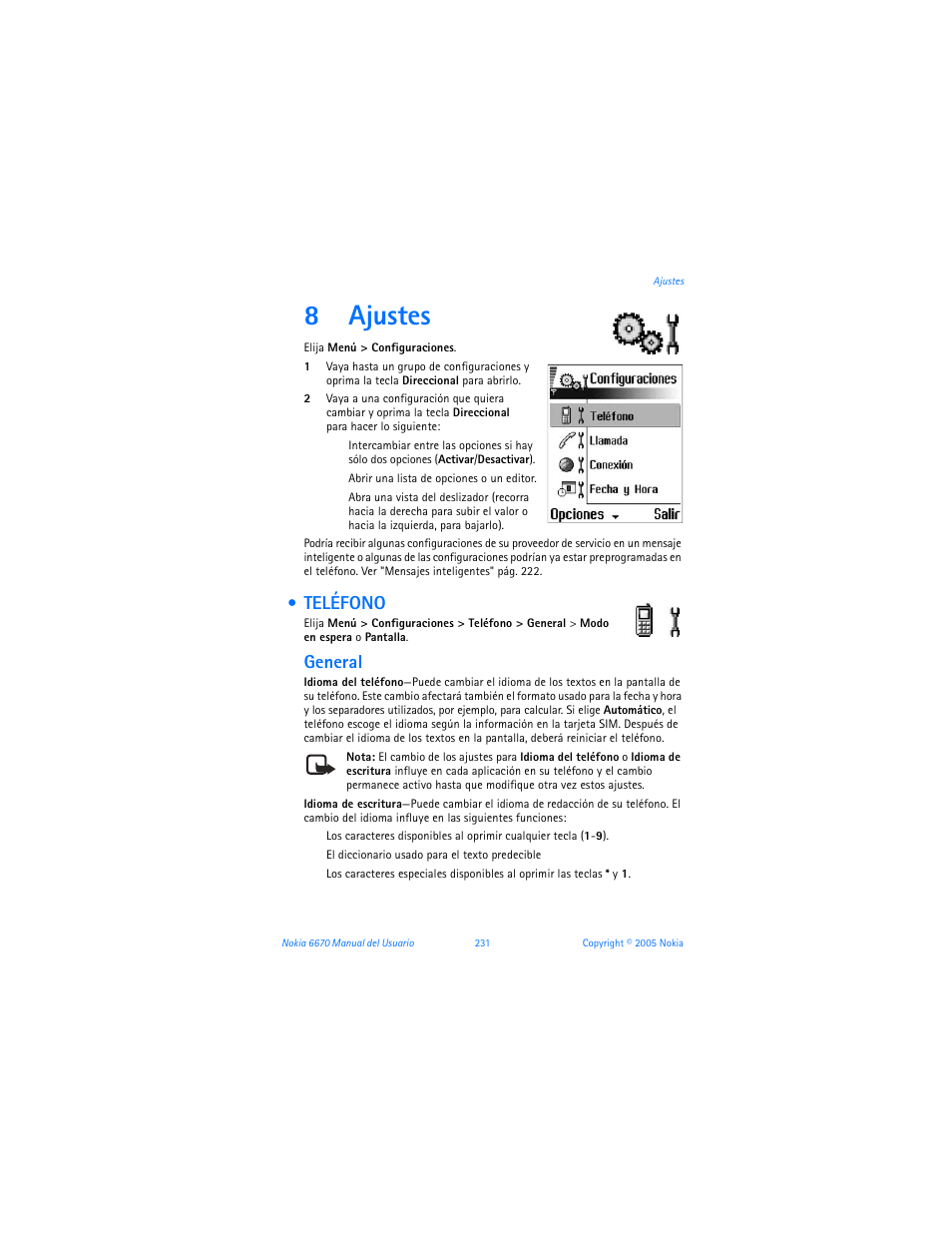 8 ajustes, Teléfono, Ajustes | 8ajustes, General | Nokia 6670 User Manual | Page 232 / 321