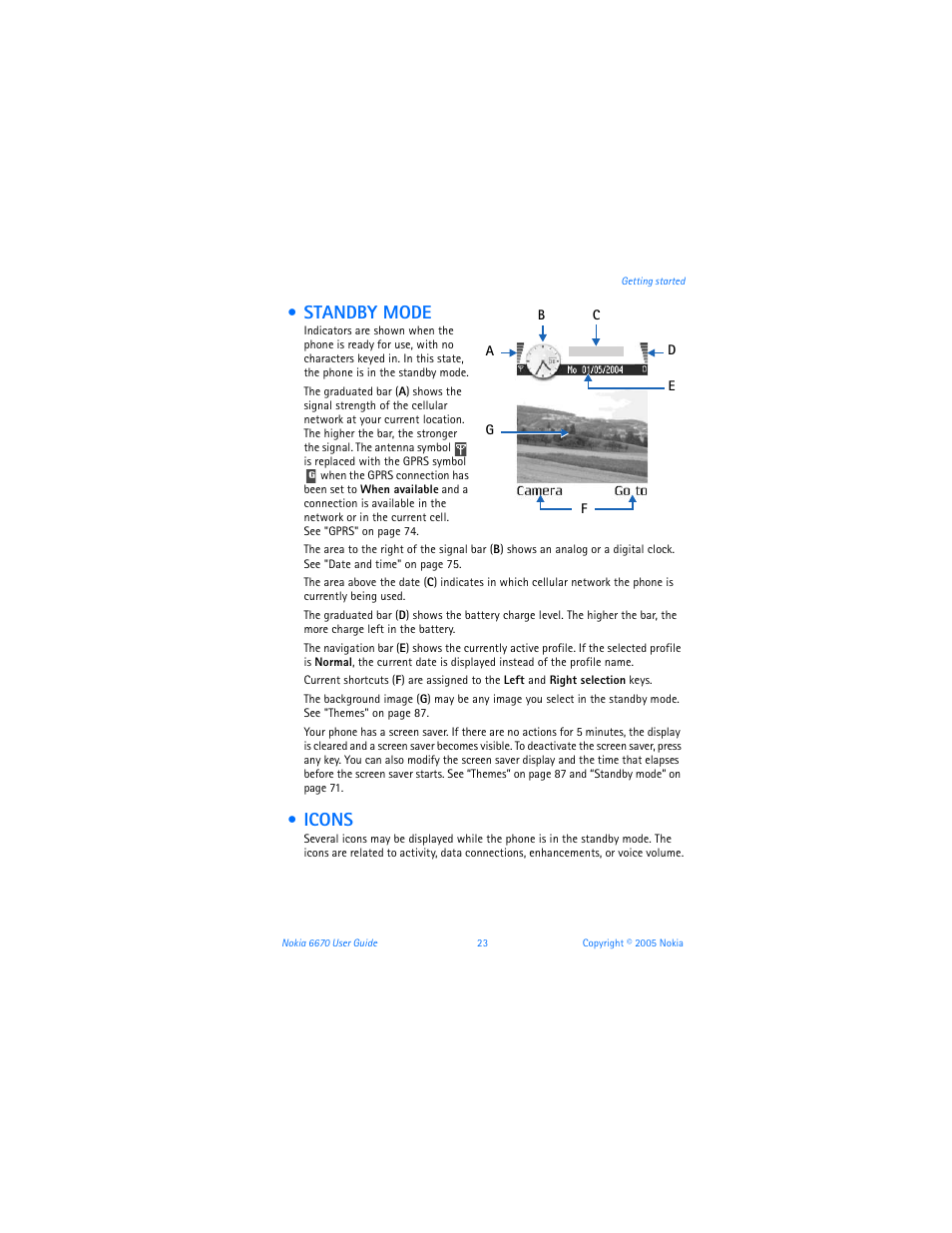 Standby mode, Icons | Nokia 6670 User Manual | Page 24 / 321