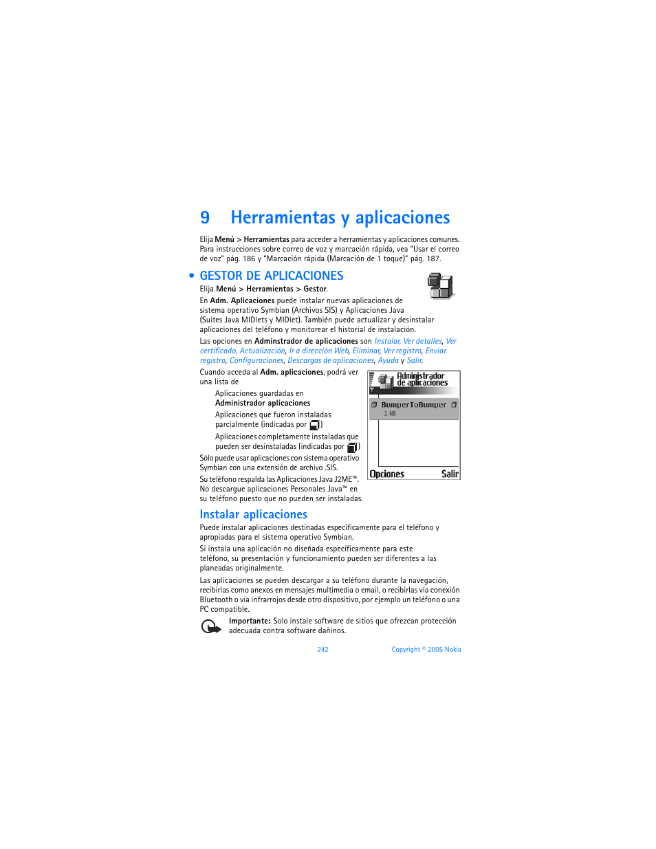 9 herramientas y aplicaciones, Gestor de aplicaciones, Herramientas y aplicaciones | 9herramientas y aplicaciones, Instalar aplicaciones | Nokia 6670 User Manual | Page 243 / 321