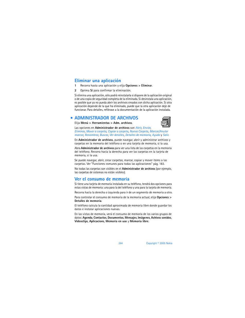 Administrador de archivos, Eliminar una aplicación | Nokia 6670 User Manual | Page 245 / 321