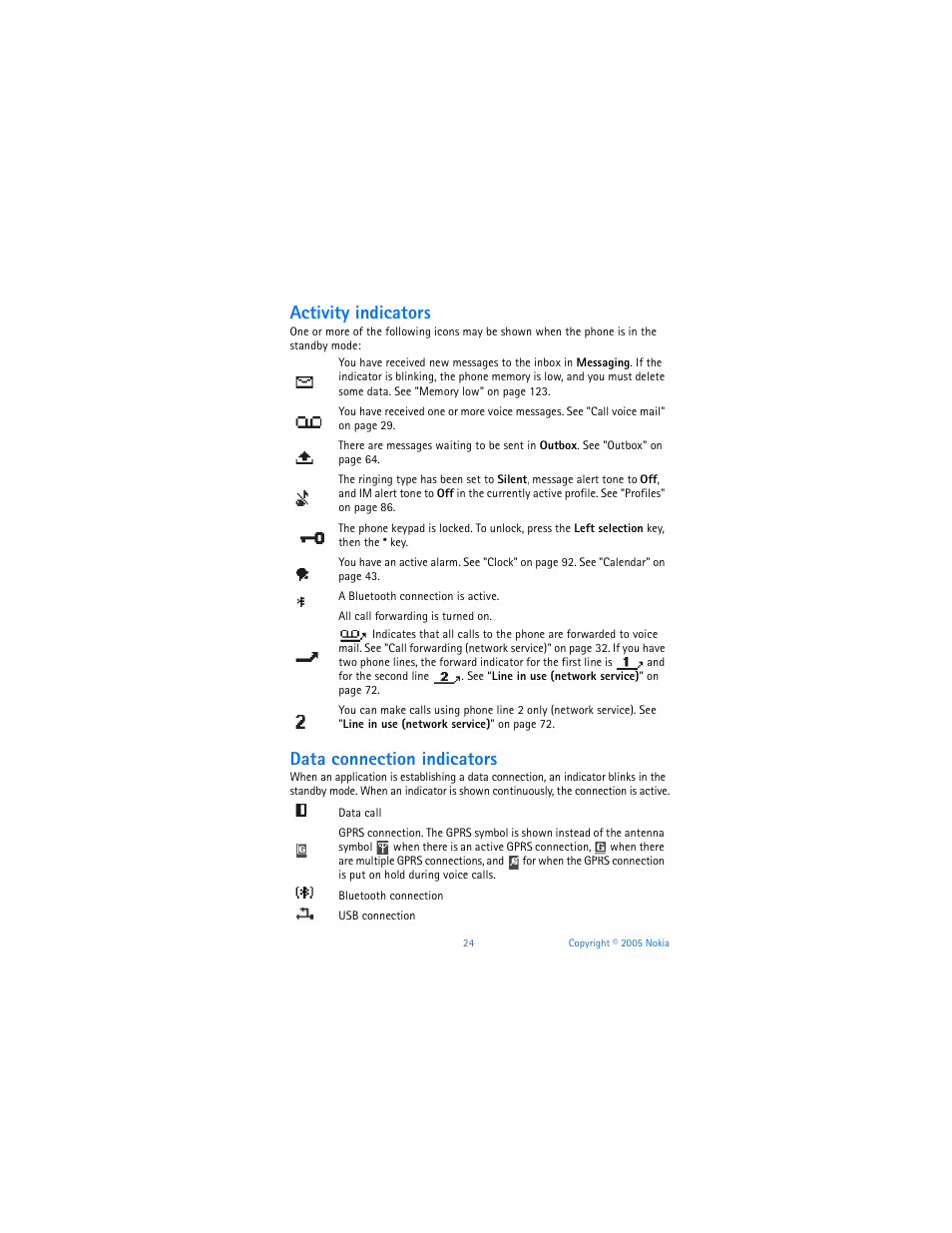 Activity indicators, Data connection indicators | Nokia 6670 User Manual | Page 25 / 321