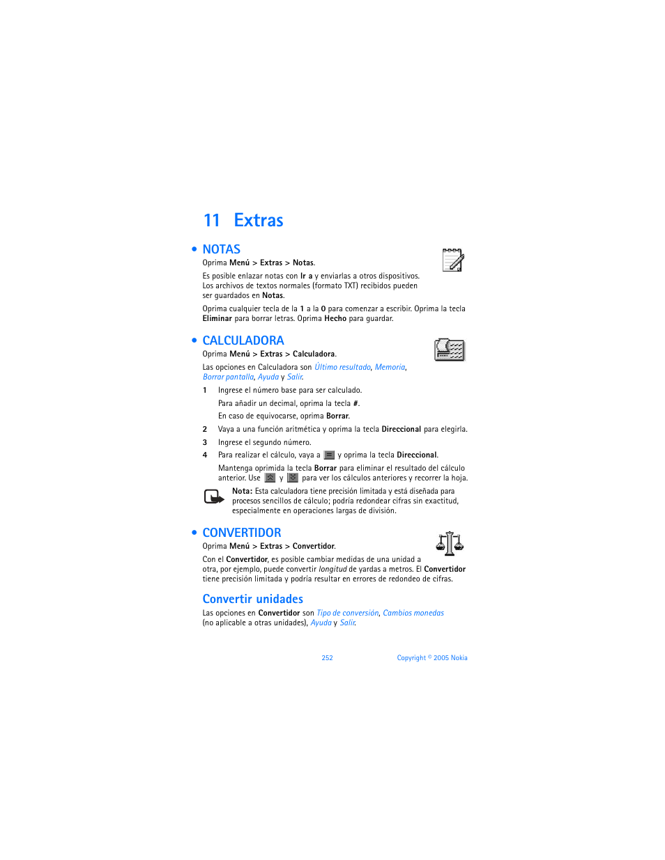 11 extras, Notas, Calculadora | Convertidor, Convertir unidades | Nokia 6670 User Manual | Page 253 / 321