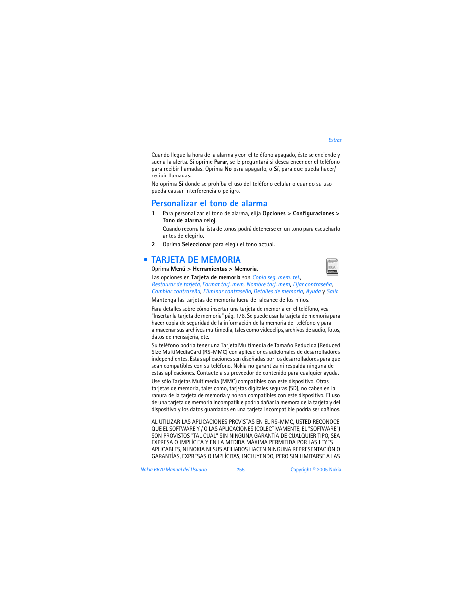 Tarjeta de memoria, Personalizar el tono de alarma | Nokia 6670 User Manual | Page 256 / 321