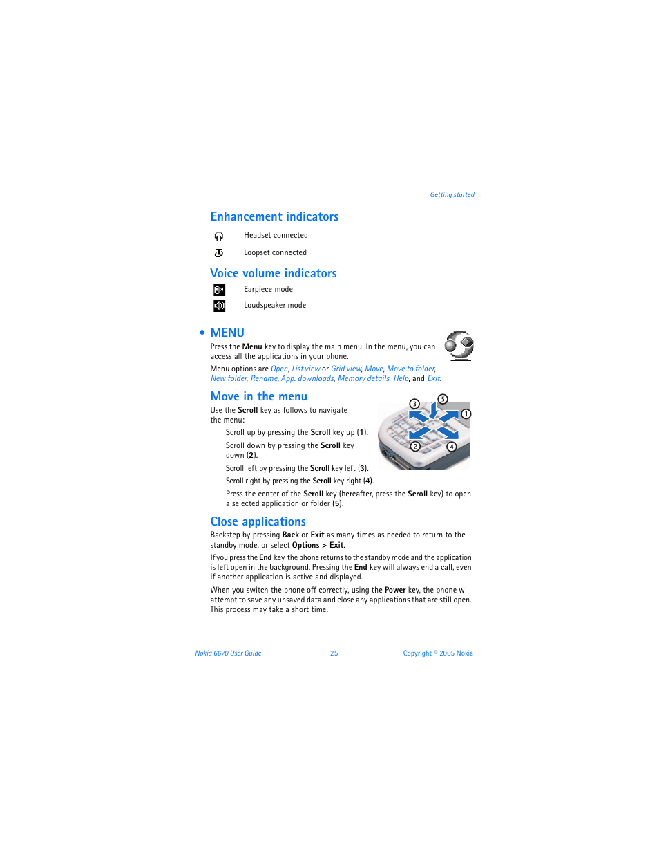 Menu, Move in the menu, Close applications | Nokia 6670 User Manual | Page 26 / 321