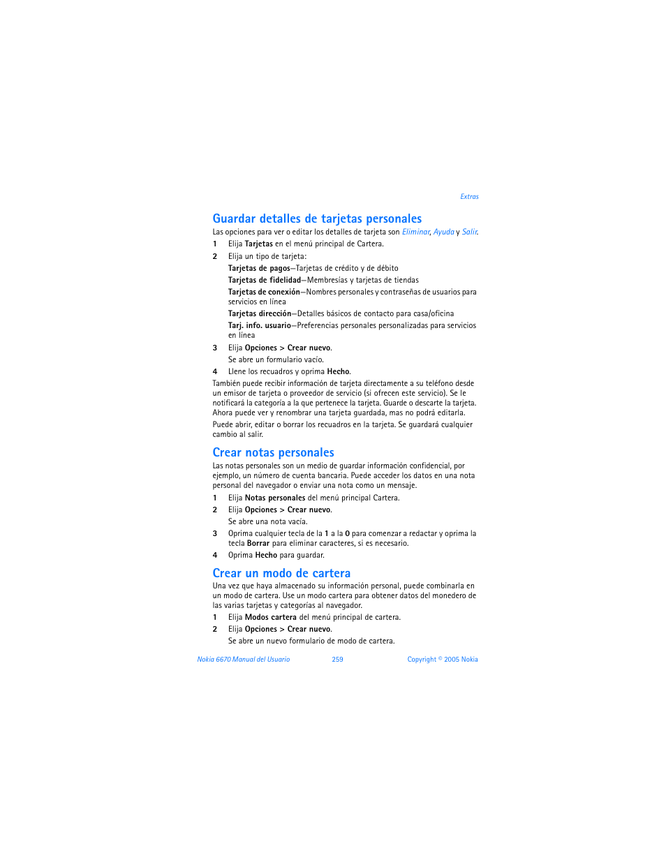 Guardar detalles de tarjetas personales, Crear notas personales, Crear un modo de cartera | Nokia 6670 User Manual | Page 260 / 321