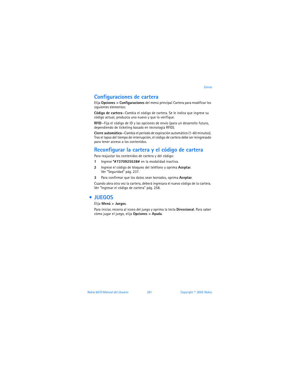 Juegos, Configuraciones de cartera, Reconfigurar la cartera y el código de cartera | Nokia 6670 User Manual | Page 262 / 321