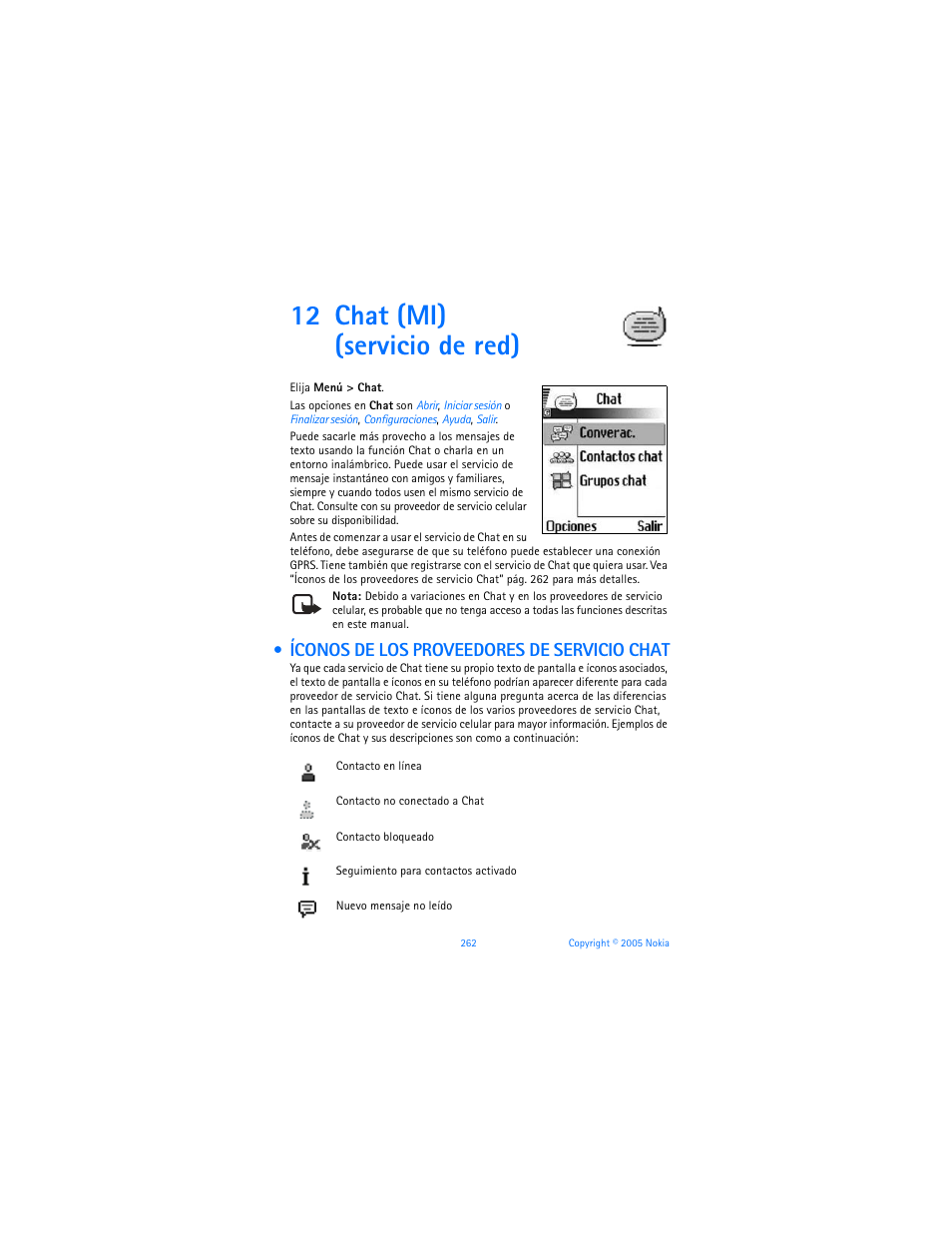 12 chat (mi) (servicio de red), Íconos de los proveedores de servicio chat | Nokia 6670 User Manual | Page 263 / 321