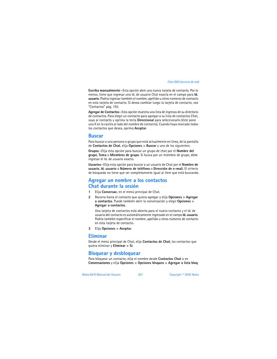 Buscar, Eliminar, Bloquear y desbloquear | Nokia 6670 User Manual | Page 268 / 321