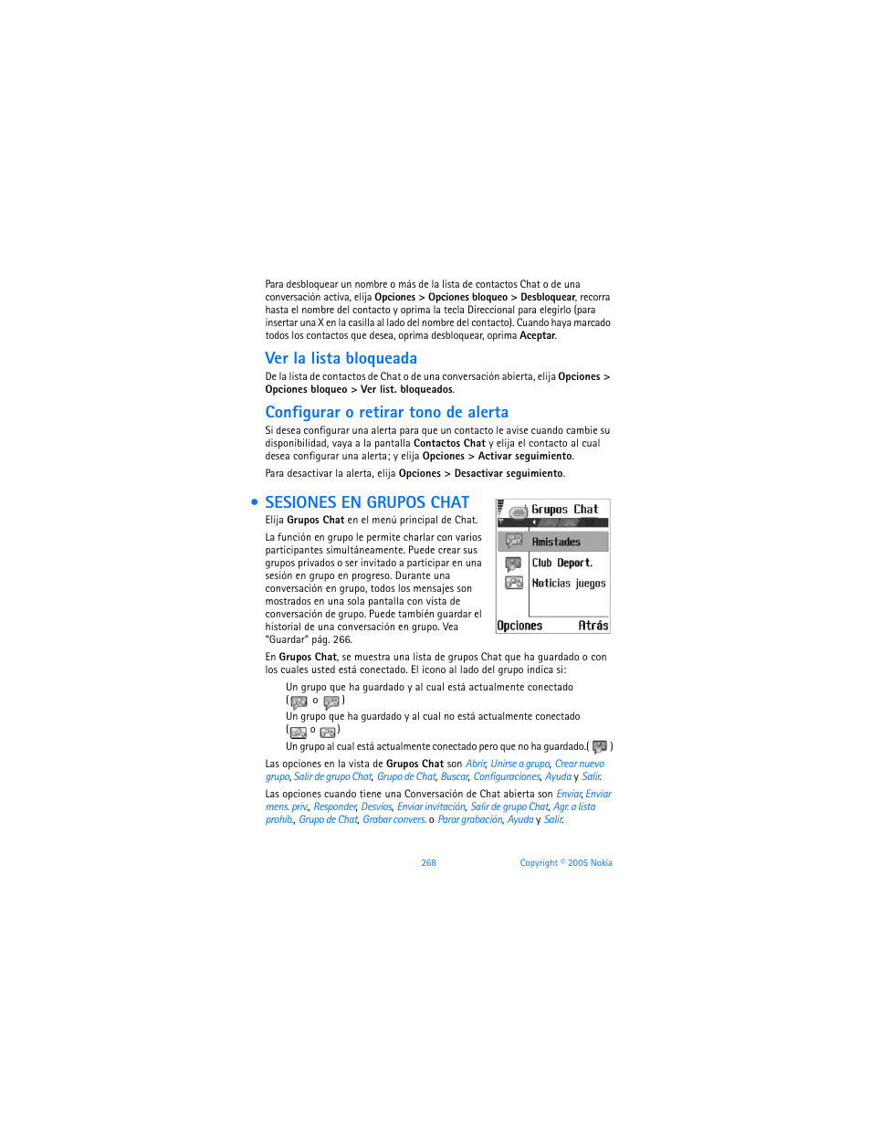 Sesiones en grupos chat, Ver la lista bloqueada, Configurar o retirar tono de alerta | Nokia 6670 User Manual | Page 269 / 321