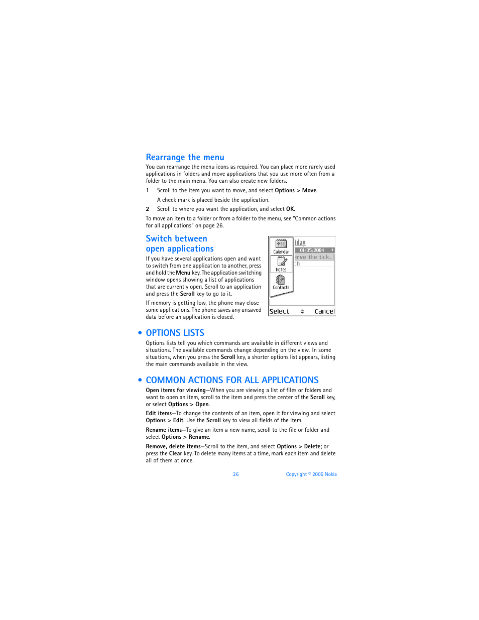 Options lists, Common actions for all applications, Rearrange the menu | Switch between open applications | Nokia 6670 User Manual | Page 27 / 321