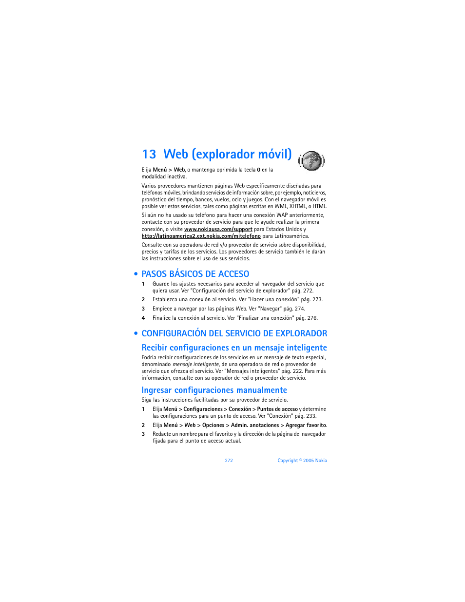 13 web (explorador móvil), Pasos básicos de acceso, Configuración del servicio de explorador | Ingresar configuraciones manualmente | Nokia 6670 User Manual | Page 273 / 321