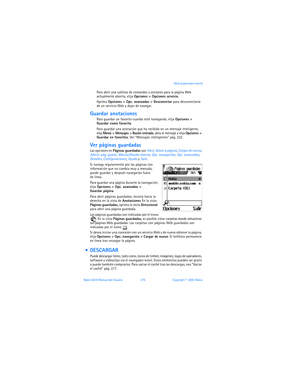 Descargar, Guardar anotaciones, Ver páginas guardadas | Nokia 6670 User Manual | Page 276 / 321
