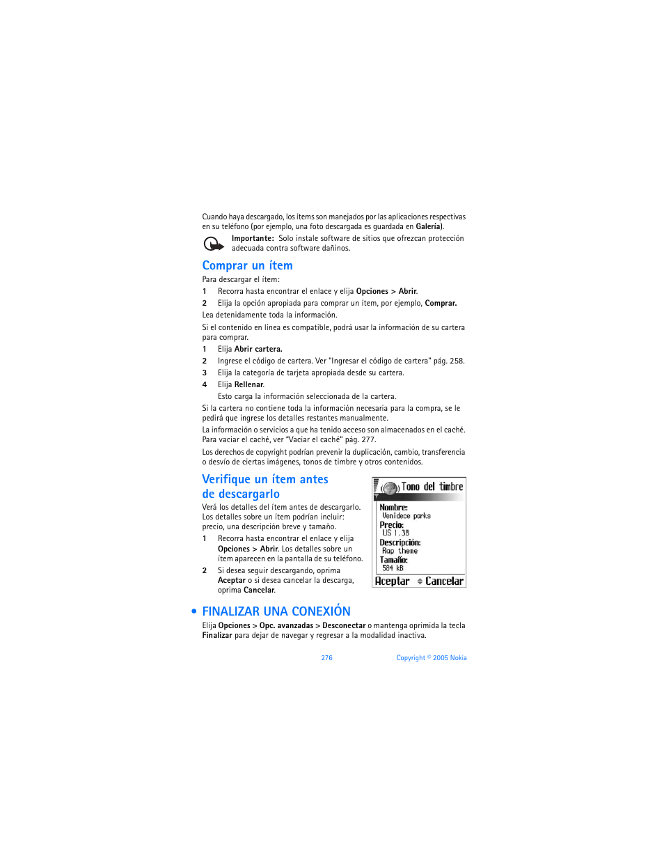 Finalizar una conexión, Ver "finalizar una conexión" pág. 276, Comprar un ítem | Verifique un ítem antes de descargarlo | Nokia 6670 User Manual | Page 277 / 321