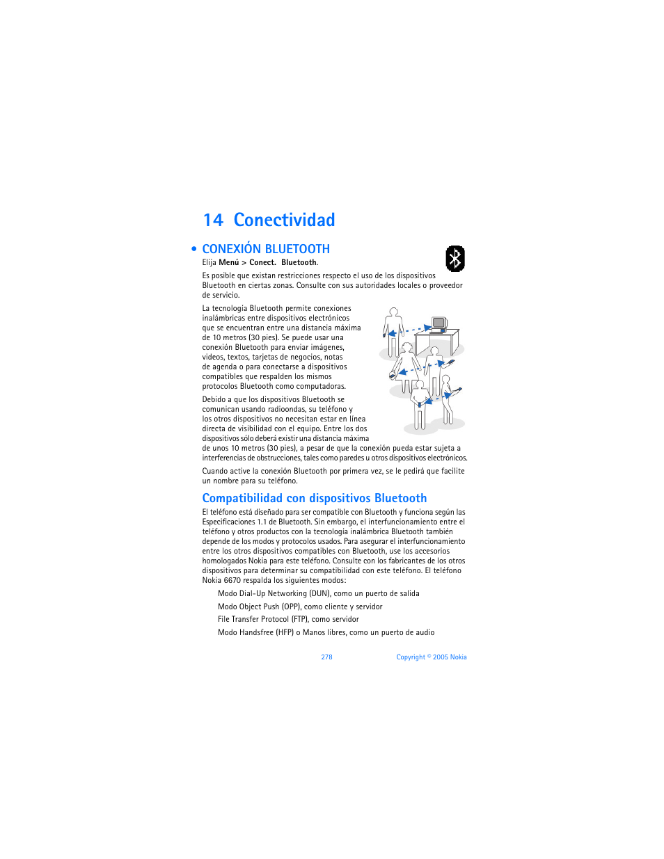 14 conectividad, Conexión bluetooth, Compatibilidad con dispositivos bluetooth | Nokia 6670 User Manual | Page 279 / 321