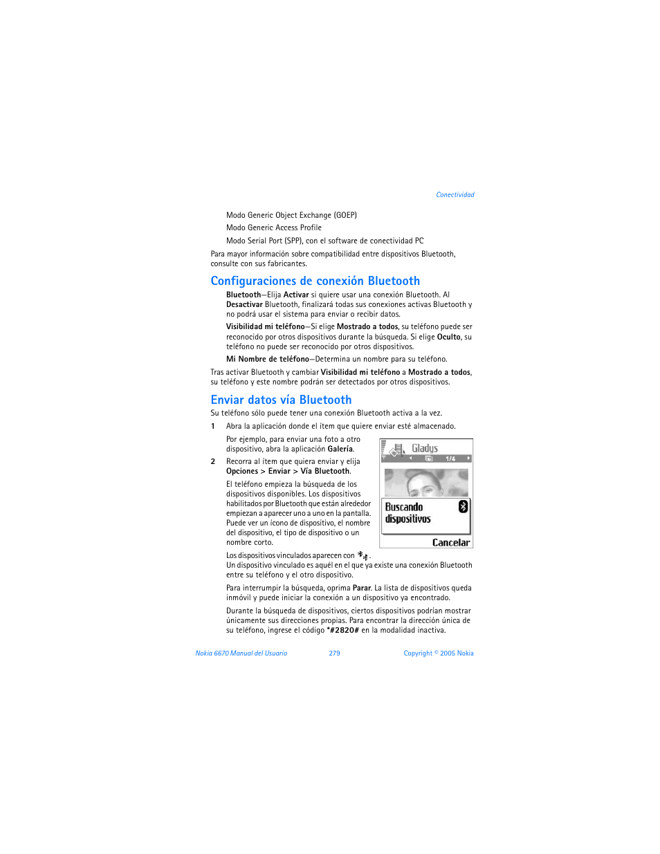 Configuraciones de conexión bluetooth, Enviar datos vía bluetooth | Nokia 6670 User Manual | Page 280 / 321