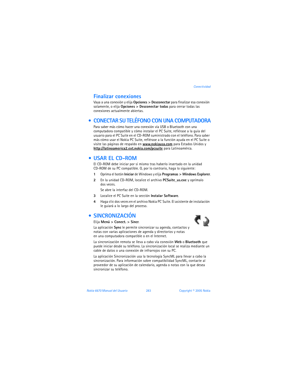 Conectar su teléfono con una computadora, Usar el cd-rom, Sincronización | Finalizar conexiones | Nokia 6670 User Manual | Page 284 / 321