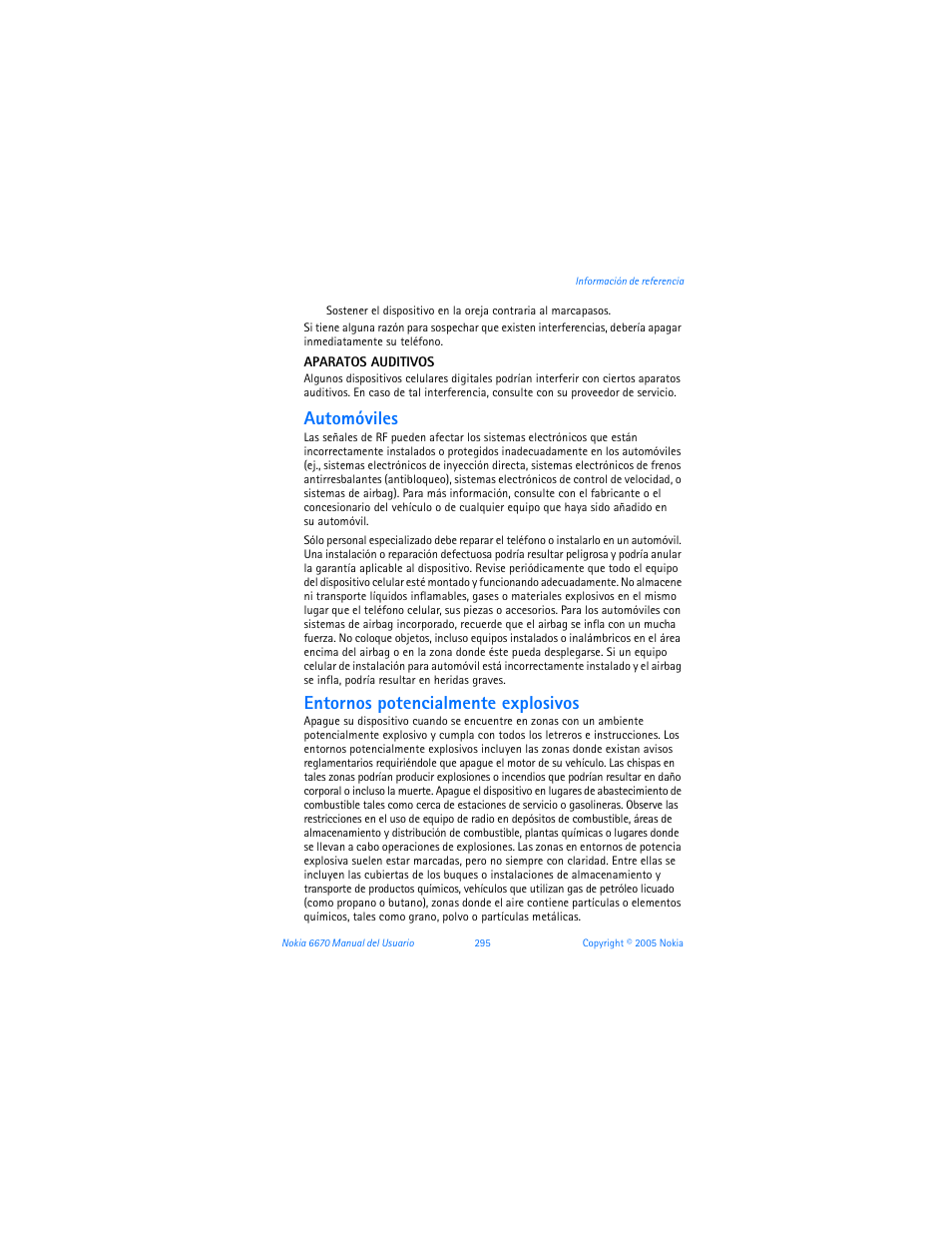 Automóviles, Entornos potencialmente explosivos | Nokia 6670 User Manual | Page 296 / 321