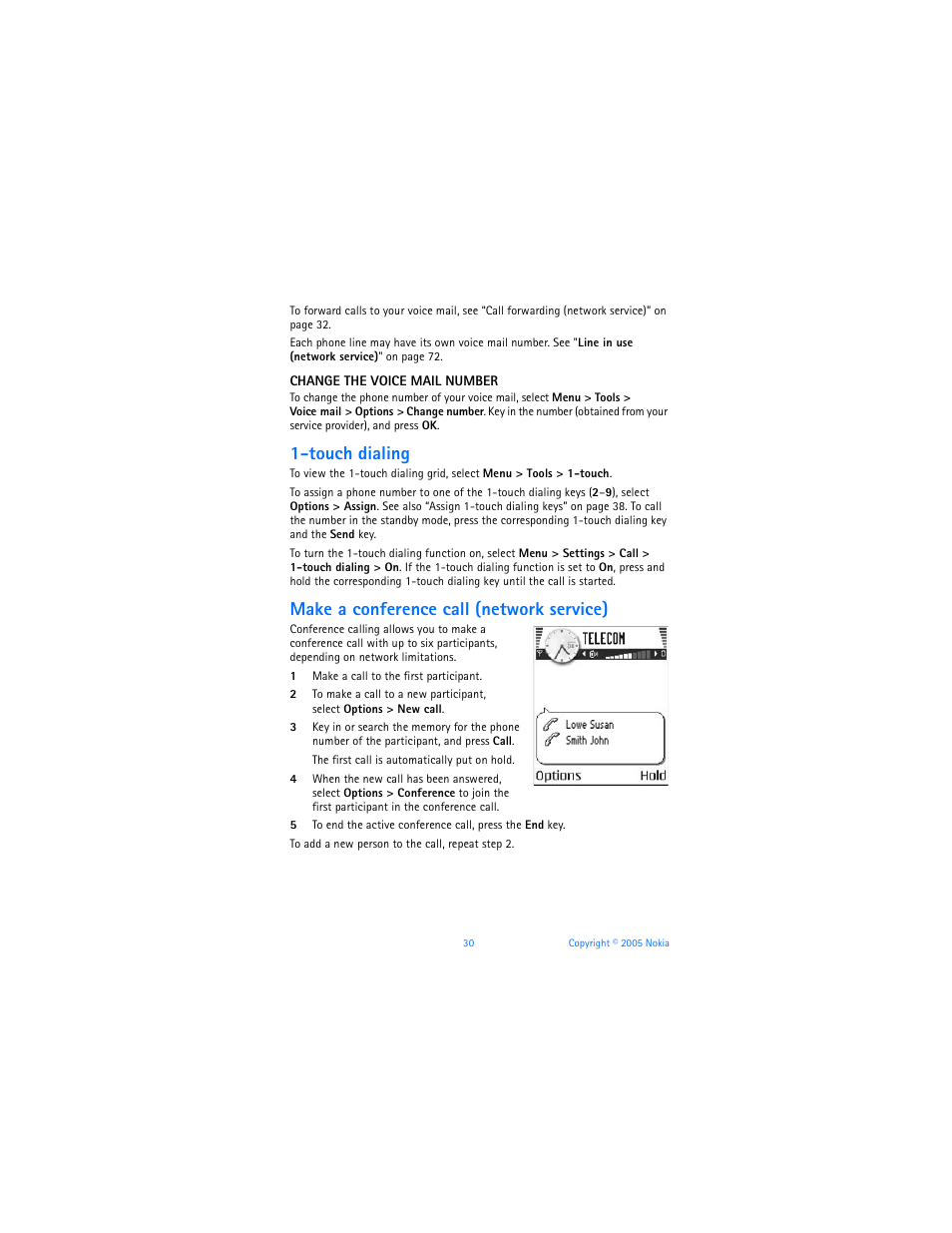 Touch dialing, Make a conference call (network service) | Nokia 6670 User Manual | Page 31 / 321