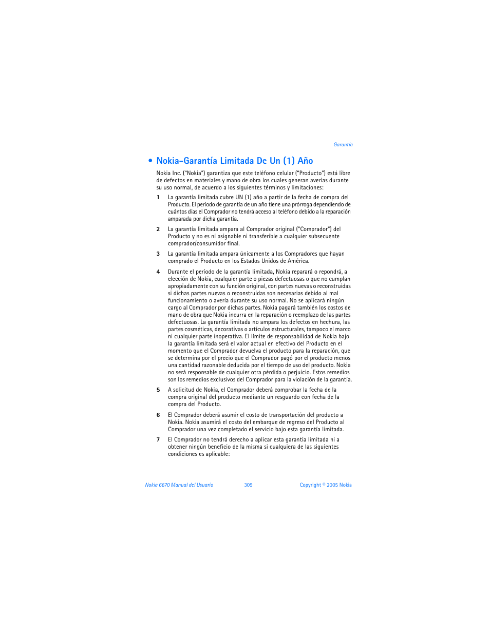 Nokia-garantía limitada de un (1) año, Nokia-garantia limitada de un (1) año | Nokia 6670 User Manual | Page 310 / 321