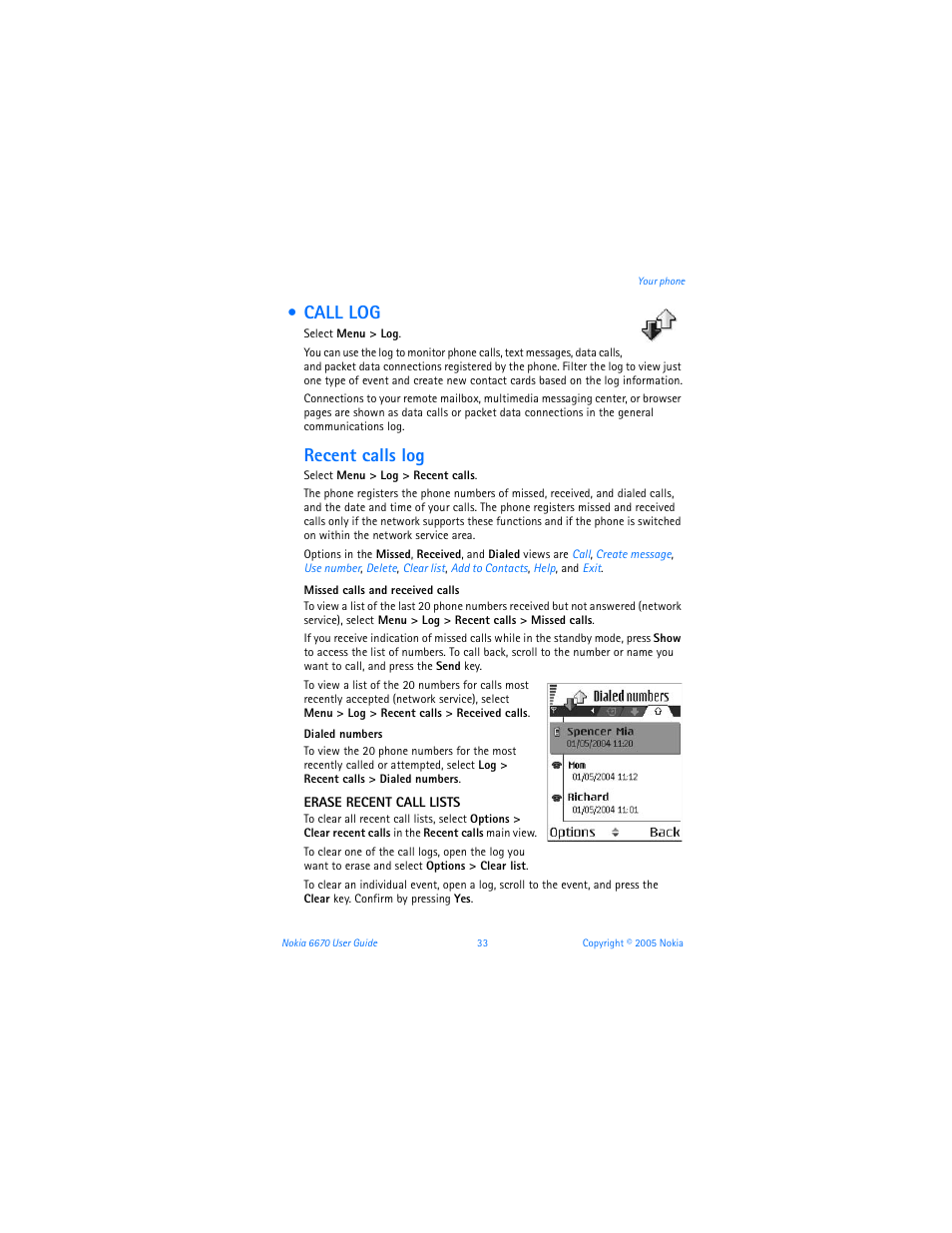 Call log, Recent calls log | Nokia 6670 User Manual | Page 34 / 321