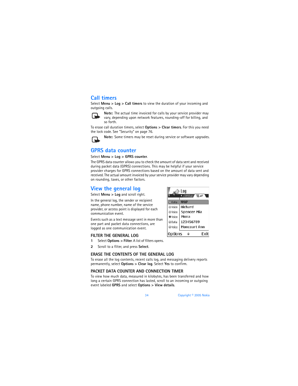 Call timers, Gprs data counter, View the general log | Nokia 6670 User Manual | Page 35 / 321