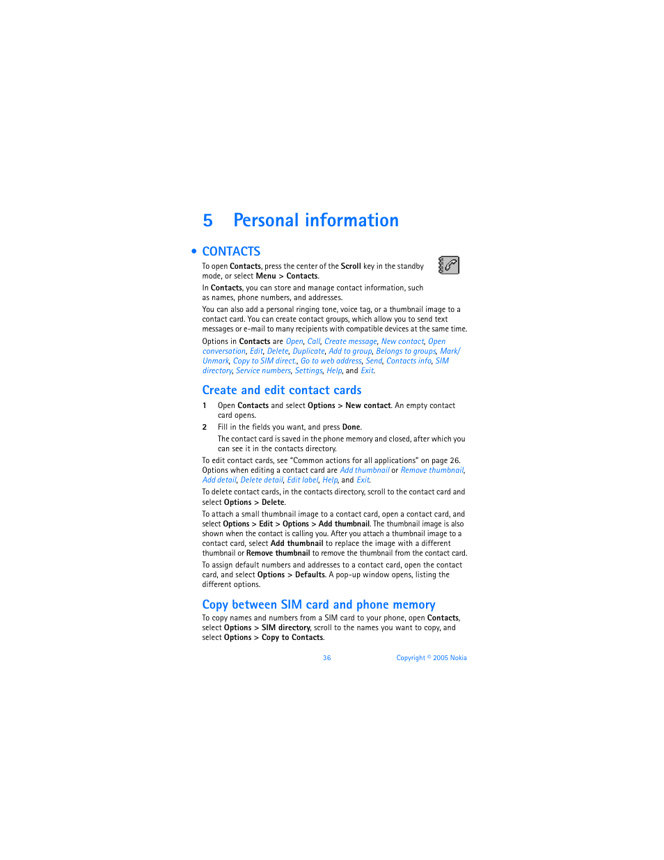 5 personal information, Contacts, Personal information | 5personal information, Create and edit contact cards | Nokia 6670 User Manual | Page 37 / 321