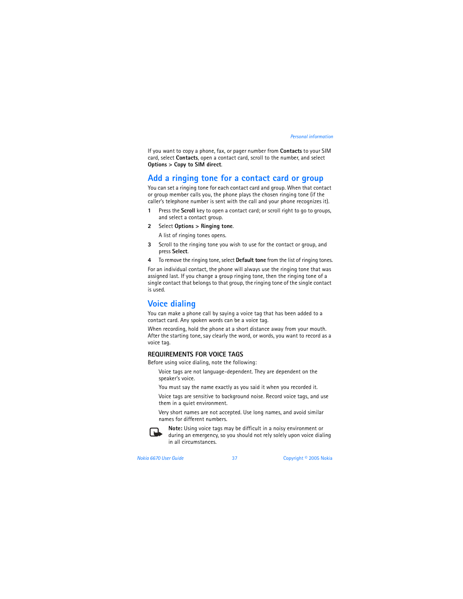 Add a ringing tone for a contact card or group, Voice dialing | Nokia 6670 User Manual | Page 38 / 321