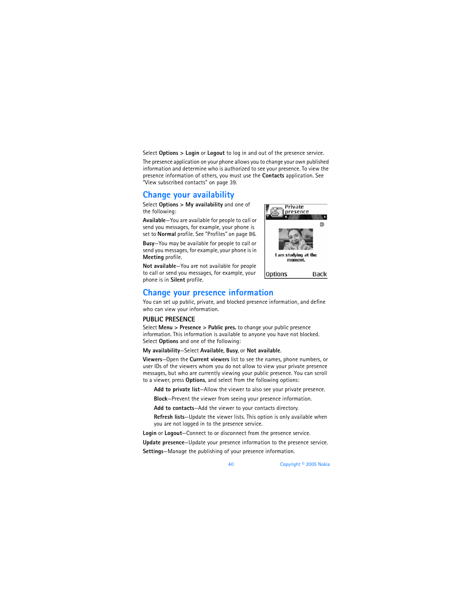 Change your availability, Change your presence information | Nokia 6670 User Manual | Page 41 / 321