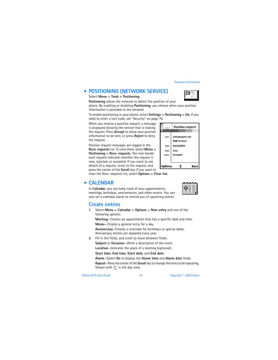 Positioning (network service), Calendar, Create entries | Nokia 6670 User Manual | Page 44 / 321