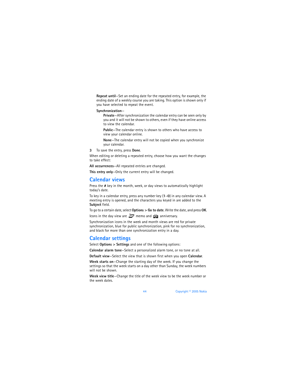 Calendar views, Calendar settings | Nokia 6670 User Manual | Page 45 / 321