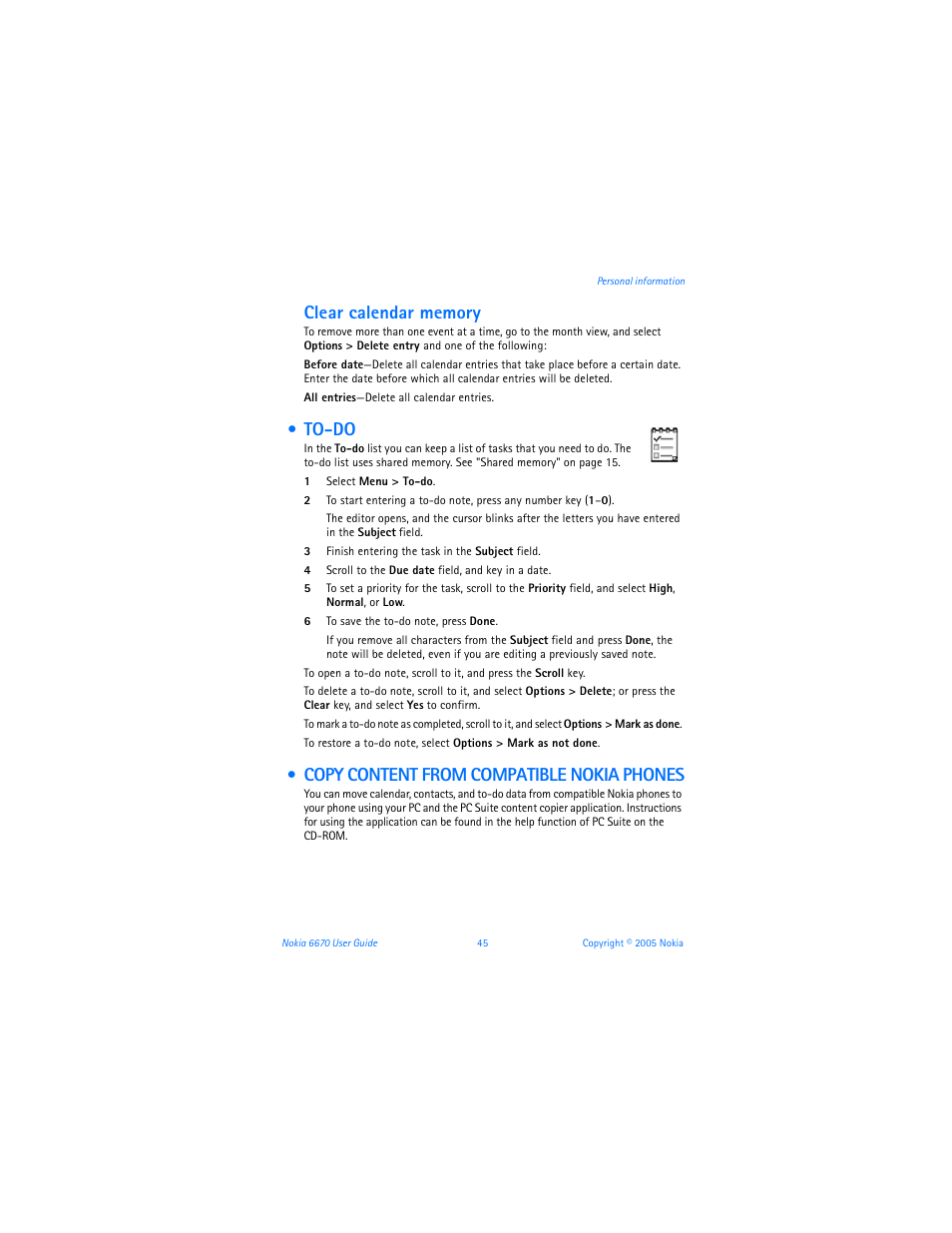 To-do, Copy content from compatible nokia phones | Nokia 6670 User Manual | Page 46 / 321