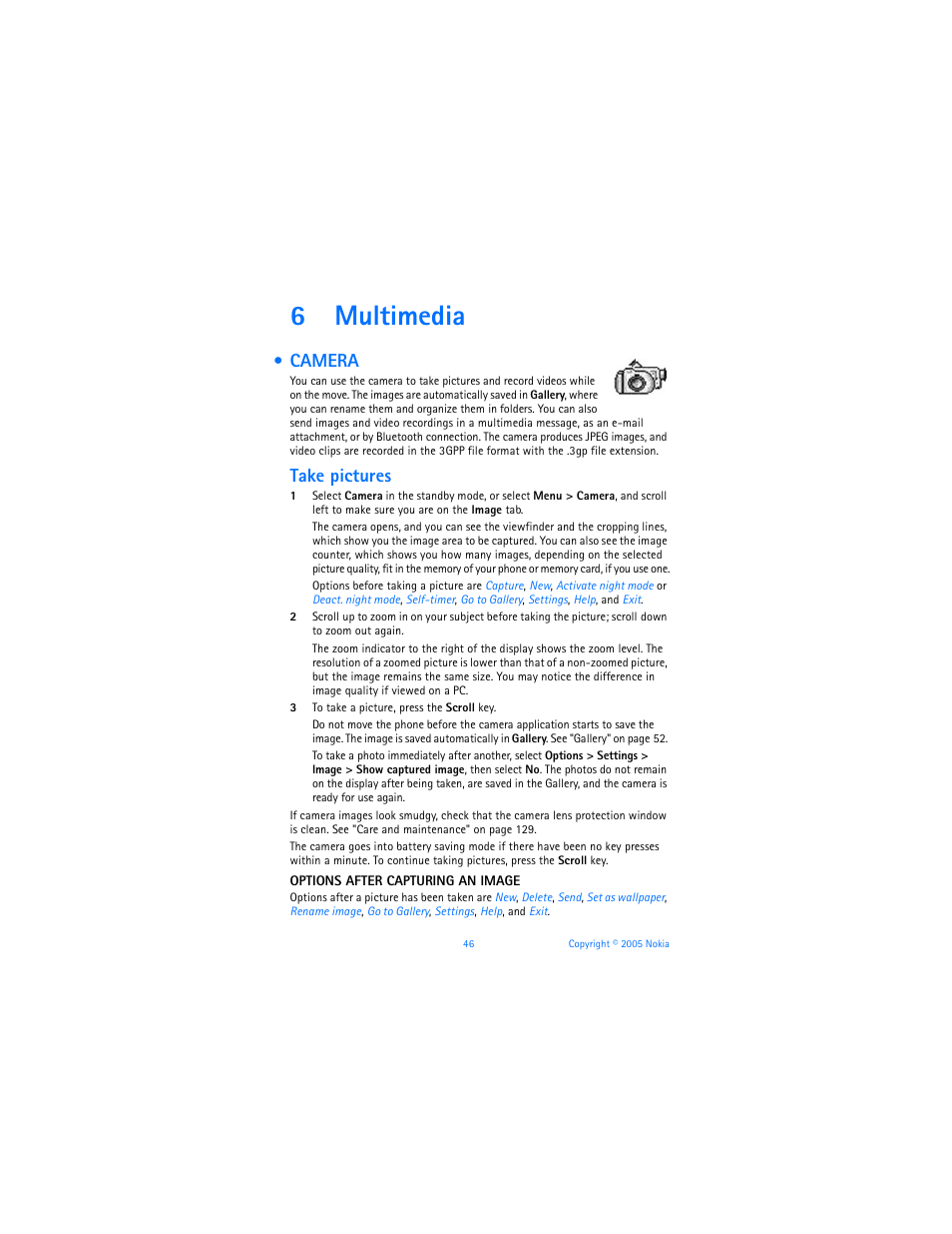 6 multimedia, Camera, Multimedia | 6multimedia, Take pictures | Nokia 6670 User Manual | Page 47 / 321