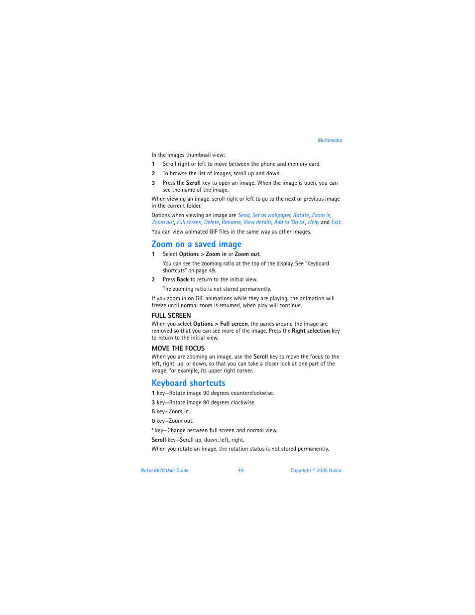 Zoom on a saved image, Keyboard shortcuts | Nokia 6670 User Manual | Page 50 / 321