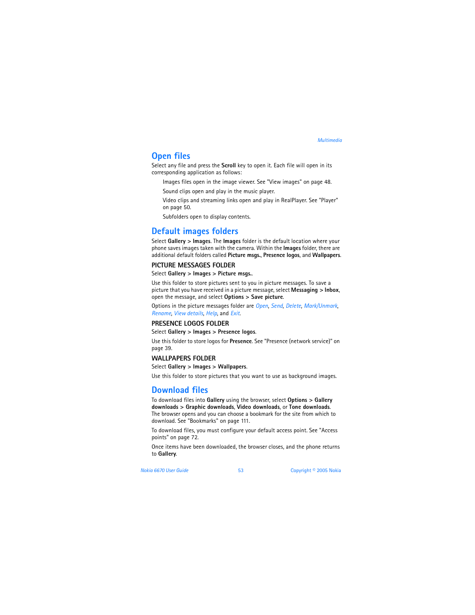Open files, Default images folders, Download files | Nokia 6670 User Manual | Page 54 / 321