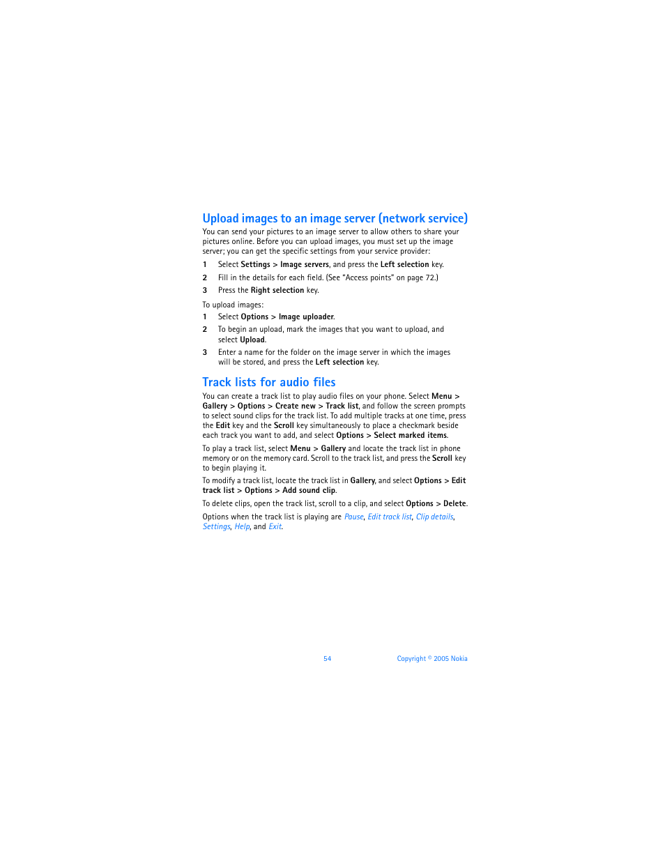 Upload images to an image server (network service), Track lists for audio files | Nokia 6670 User Manual | Page 55 / 321