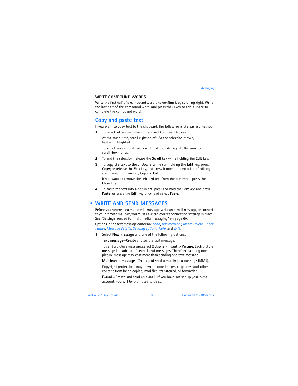 Write and send messages, Copy and paste text | Nokia 6670 User Manual | Page 60 / 321