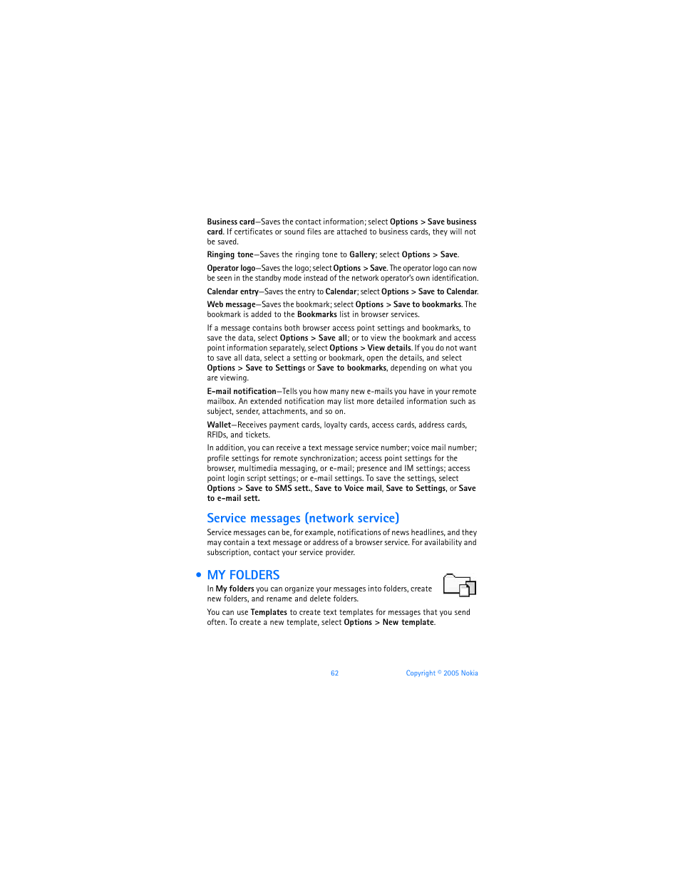 My folders, Service messages (network service) | Nokia 6670 User Manual | Page 63 / 321