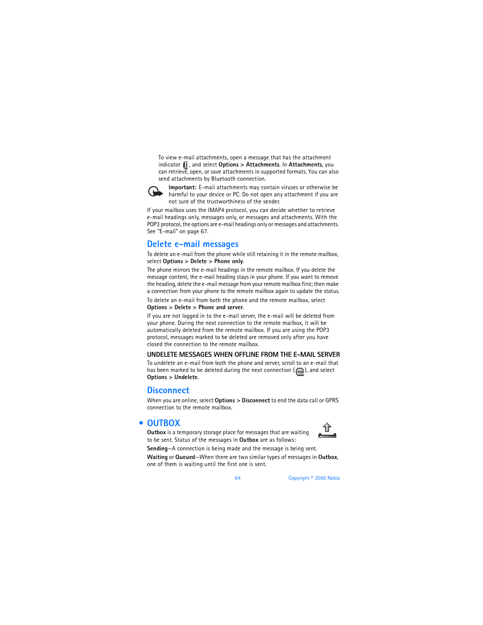 Outbox, Delete e-mail messages, Disconnect | Nokia 6670 User Manual | Page 65 / 321