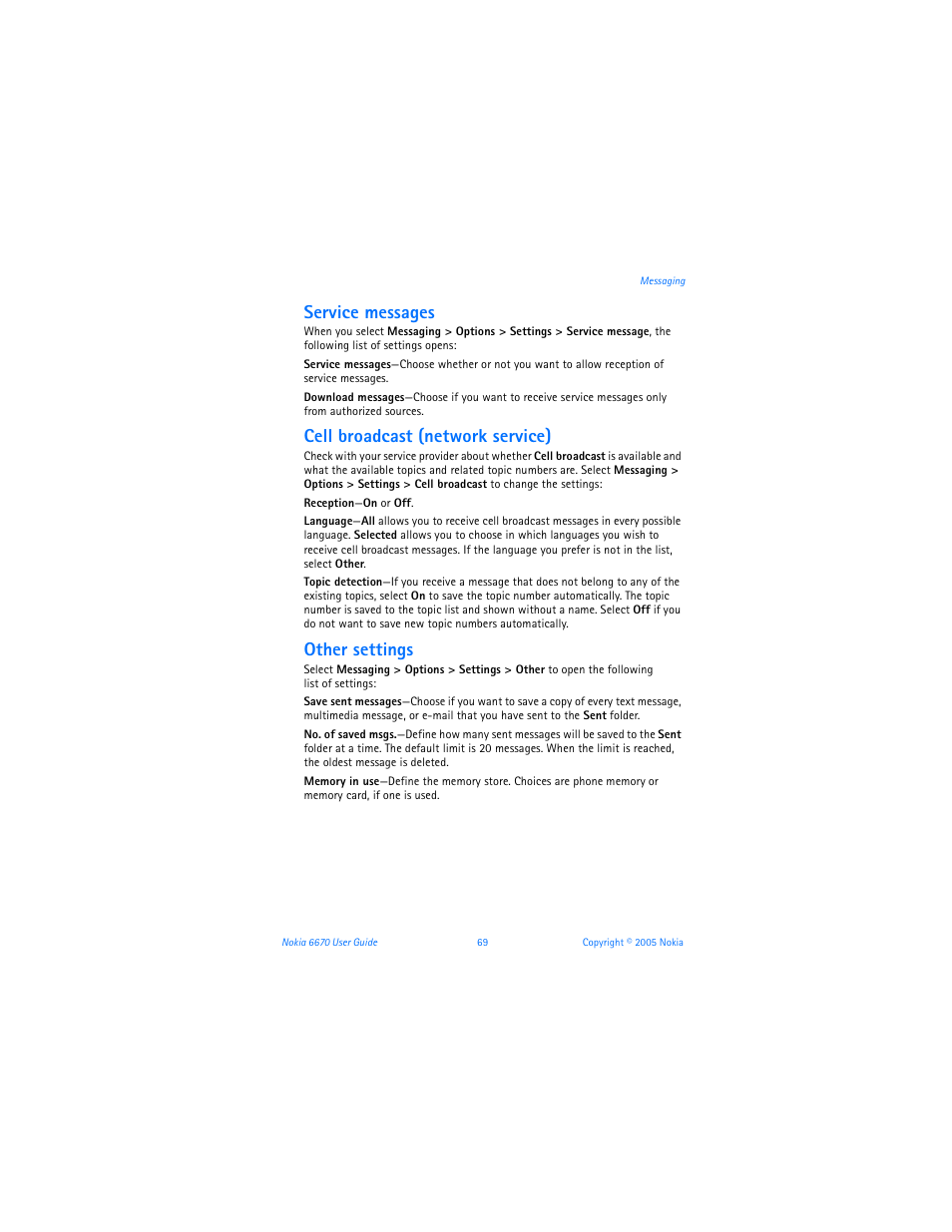 Service messages, Cell broadcast (network service), Other settings | Nokia 6670 User Manual | Page 70 / 321