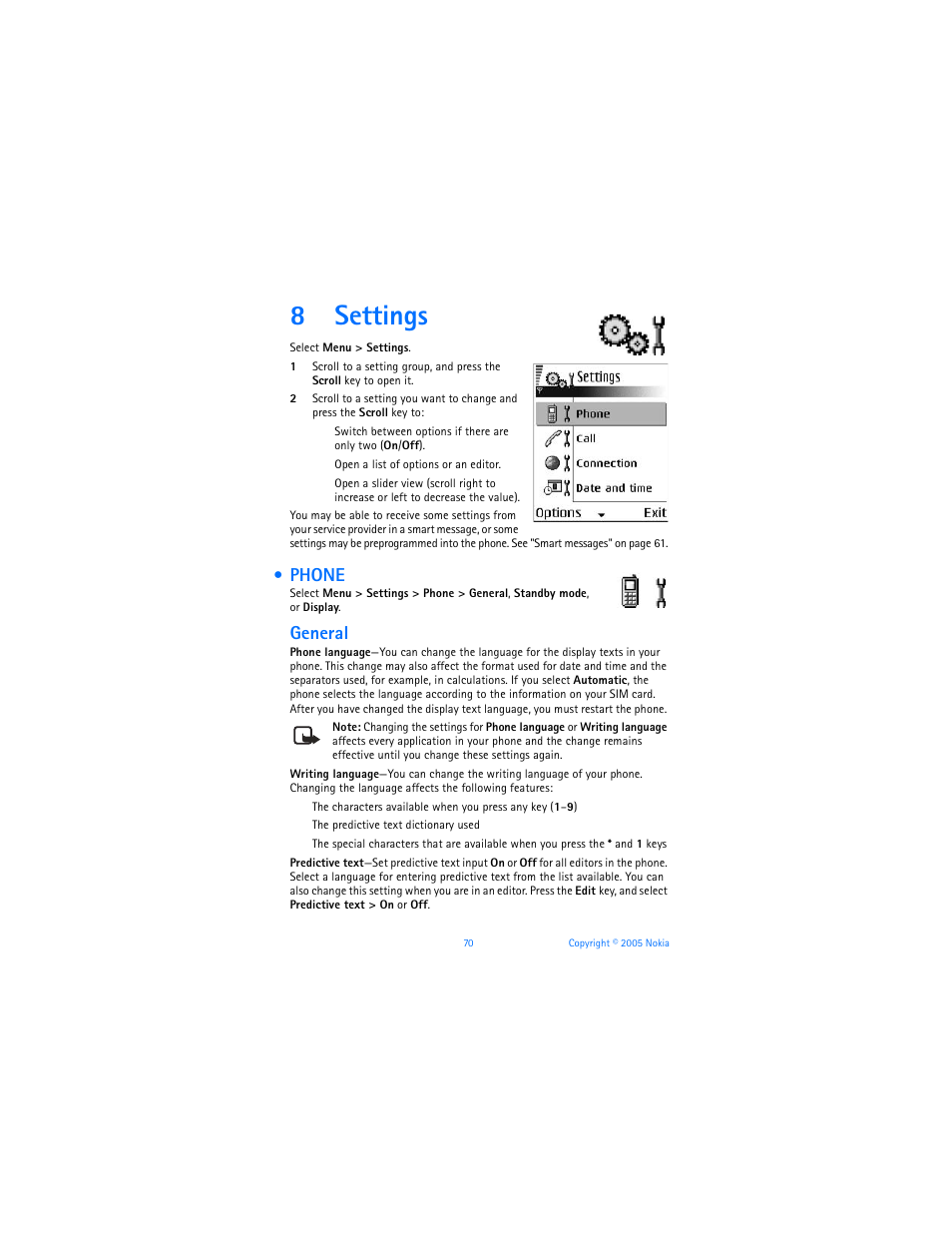 8 settings, Phone, Settings | 8settings, General | Nokia 6670 User Manual | Page 71 / 321